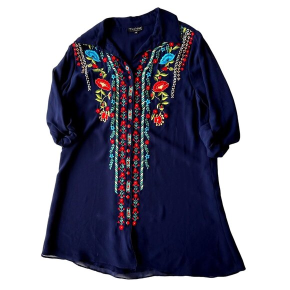 VTG Tunique Tunic Top Medium Floral Embroidery Roll Tab Sleeve Front But… - Picture 2 of 12